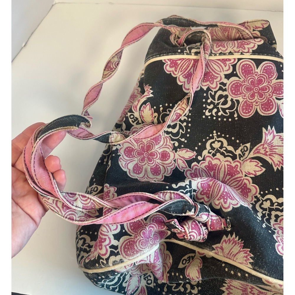 American Eagle Outfitters Y2K Pink Floral Canvas Bucket Bag Drawstring Tote AEO - Picture 4 of 9